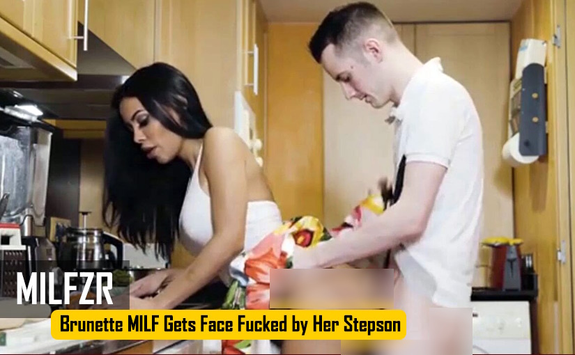 Brunette MILF gets face fucked by her stepson